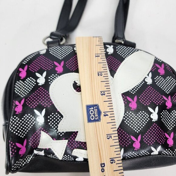 Vtg 90s Playboy BLACK Vinyl Purse Small Bowler Y2K Big White Bunny Logo RARE - Picture 15 of 16